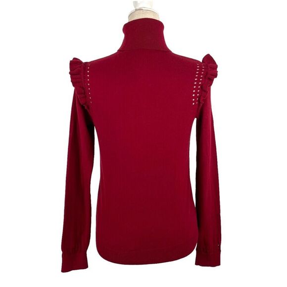 KATE SPADE New York Burgundy Ruffle Trim Cotton Cashmere Turtleneck Sweater XS - Picture 11 of 14